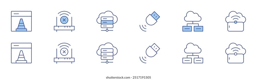Icono de Internet establecido en dos estilos, Duotone y estilo de línea delgada. En construcción, Internet, computación en la nube, conectividad, servidor en la nube, almacenamiento en la nube.