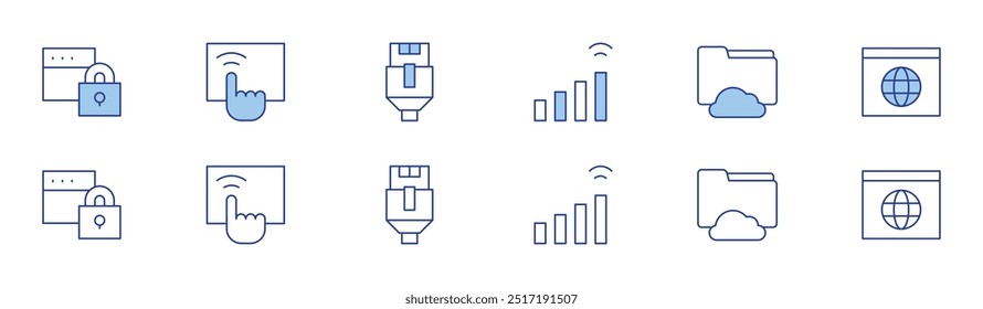 Ícone de Internet definido em dois estilos, Duotônico e Linha fina. Curso editável. sinal wifi, cadeado, tela de toque, lan, arquivo, global.