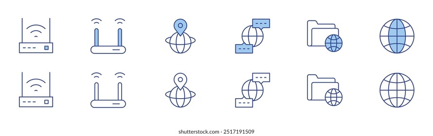 Internet icon set in two styles, Duotone and Thin Line style. Editable stroke. wifi, worldwide, internet, network, globalization.