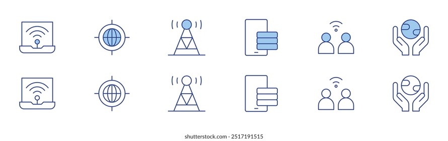 Internet icon set in two styles, Duotone and Thin Line style. Editable stroke. smartphone, wifi, target, radio antenna, network, earth.