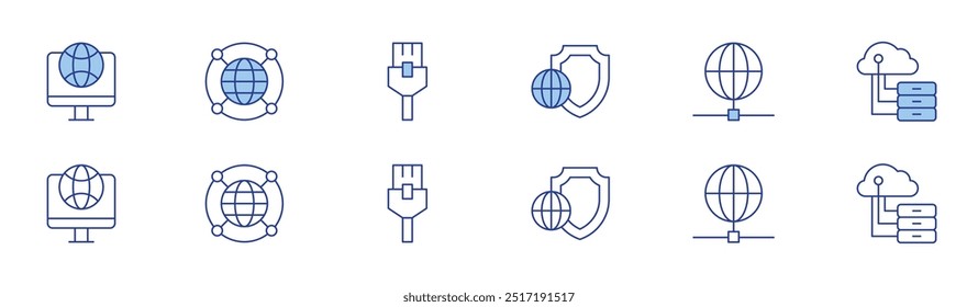Internet icon set in two styles, Duotone and Thin Line style. Editable stroke. shield, website, internet, ethernet, cloud server.
