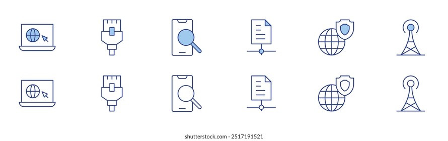 Internet icon set in two styles, Duotone and Thin Line style. Editable stroke. share, internet, electric tower, surf, network cable, browsing.