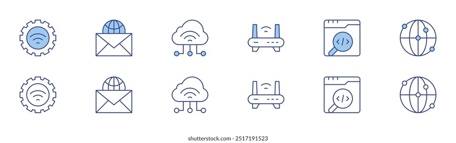 Internet icon set in two styles, Duotone and Thin Line style. Editable stroke. router, internet connection, mail, meta, network, iot.