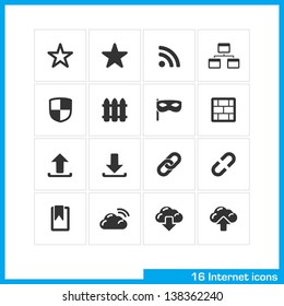 Internet icon set. Vector black pictograms for social web and mobile app, interface design: bookmark, star, RSS, sitemap, network, shield, fence, wall, privacy, link, cloud, download and upload symbol