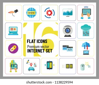 Internet Icon Set. Web Camera Mouse Synchronization Data Flow Hyperlink Internet Sign Tablet Internet Connection Internet Of Things Driverless Car Idea Server Cloud Storage Tablet PC Programming