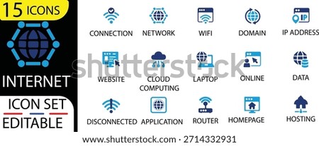 Internet icon set. Internet, Web, Network, Connection, WiFi, Router, Modem, IP Address, Domain, Website, Online. Line outline icons collection.
