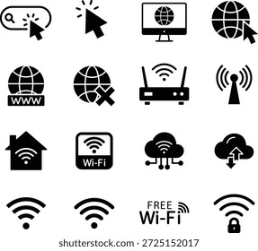 Conjunto de iconos de Internet. Símbolo de Sitio web y Wi-Fi. Conteniendo globo, www, inalámbrico, libre, antenas, señal, red, ordenador, cursor, Hacer clic, Web, público, comercio electrónico y más. Ilustración vectorial.