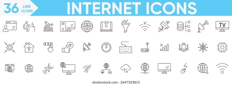 Internet icon Vector and illustrator set.Website, server, web design, network, Wi Fi, browser, cloud, download, upload, search, firewall and more.