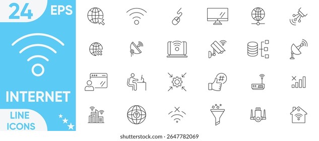 Internet icon Vector and illustrator set.Website, server, web design, network, Wi Fi, browser, cloud, download, upload, search, firewall and more.