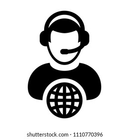 Internet icon vector male customer service person profile symbol with headset for internet network online support in glyph pictogram illustration