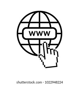 Internet icon. World net favicon with old pixelated hand mouse cursor