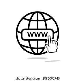 Internet icon. World net favicon with old pixelated hand mouse cursor