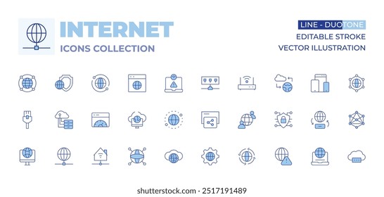 Coleção de ícones da Internet. Linha Duotone estilo, traço editável. mundo, casa inteligente, compartilhar, acesso remoto, velocímetro, site, internet, localização, ethernet, terra, servidor de nuvem.