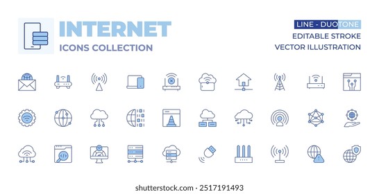 Internet icons collection. Line Duotone style, editable stroke. bandwidth, cloud data, under construction, internet connection, meta, internet, network, iot, cloud computing, binary, cloud server.