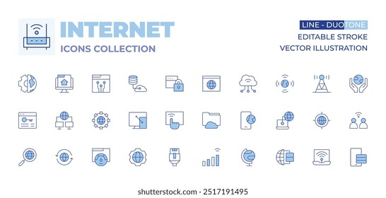 Coleção de ícones da Internet. Linha Duotone estilo, curso editável. sinal wifi, globo mundial, mundo, mundial, web, responsivo, tela de toque, internet, rede local, lan, arquivo, globalização, navegador.