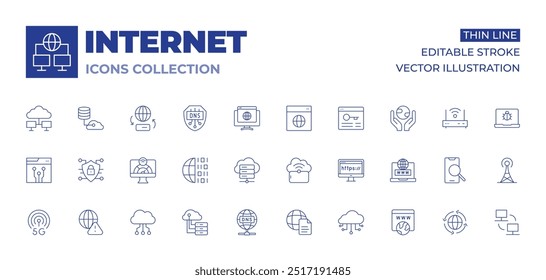 Coleção de ícones da Internet. Ícones de Linha Fina, traço editável. g, alerta, largura de banda, binário, dados de nuvem, servidor de nuvem, criptografia, segurança cibernética, armazenamento em nuvem, nuvem, dns, documento, domínio.