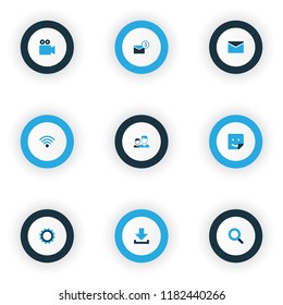 Internet icons colored set with camcorder, gear, inbox and other download elements. Isolated vector illustration internet icons.