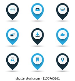 Internet icons colored set with down arrow, overcast, talking and other location elements. Isolated vector illustration internet icons.