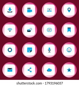 Iconos de Internet coloreados con letra, flecha abajo, conexión inalámbrica y otros elementos de notificación. Iconos de Internet de ilustraciones vectoriales aisladas.