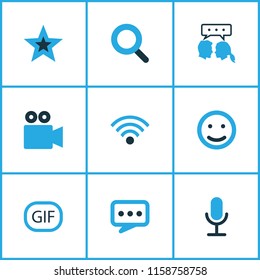 Internet icons colored set with video chat, emoji, gif sticker and other wifi elements. Isolated vector illustration internet icons.