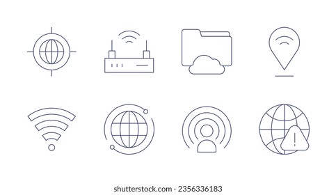 Internet icons. Editable stroke. Containing target, wifi router, file, location pin, wifi, world, influence, no internet.