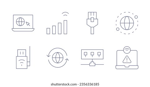 Internet icons. Editable stroke. Containing surf, wifi signal, ethernet, localization, wireless internet, worldwide, hub, no connection.