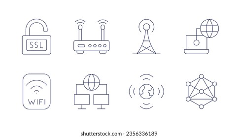 Internet icons. Editable stroke. Containing ssl, wifi router, electric tower, local network, wifi, worldwide, networking.