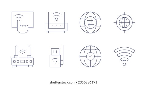 Internet icons. Editable stroke. Containing touch screen, wifi router, trade, target, wifi, wireless internet, worldwide.