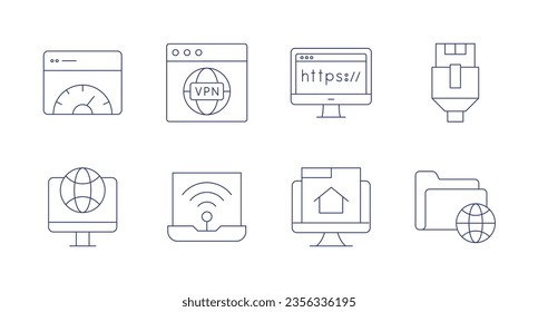 Internet icons. Editable stroke. Containing speedometer, vpn, domain, lan, website, wifi, homepage, network.
