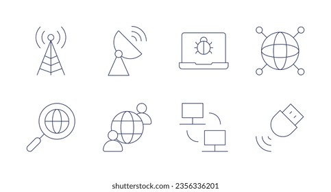Internet icons. Editable stroke. Containing radio tower, wifi, bug, internet, search, world, computer.