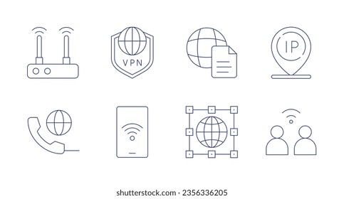 Internet icons. Editable stroke. Containing modem, vpn, document, ip, phone call, wifi, globe, network.