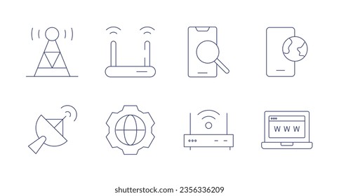 Internet icons. Editable stroke. Containing radio antenna, wifi, browsing, internet, satellite dish, world, communications.