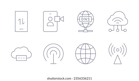 Internet icons. Editable stroke. Containing mobile data, video call, dns, iot, password, wifi, globalization, wireless.