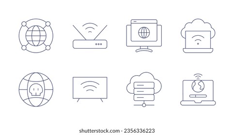 Iconos de Internet. Trazo editable. Con Internet, enrutador, navegador, seguridad de Internet, tv inteligente, servidor en la nube.