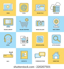 Internet icons flat line set of video e-mail online talk isolated vector illustration