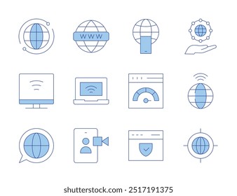 Internet icons. Line Duotone style, editable stroke. world wide web, world, target, video call, internet, internet security, laptop, chat, computer, global.