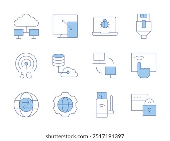 Ícones da Internet. Estilo Duotônico da linha, traçado editável. 5g, computação em nuvem, dados em nuvem, cadeado, mundo, wifi, responsivo, tela de toque, comércio, lan, bug, computador.