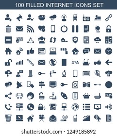 internet icons. Set of 100 filled internet icons included document, globe and plane, stairs, old phone on white background. Editable internet icons for web, mobile and infographics.