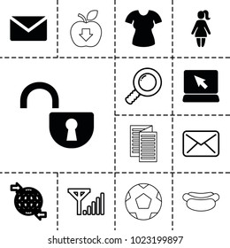 Internet icons. set of 13 editable filled and outline internet icons such as mail, laptop, search, mobile signal, t-shirt, news, movie tape, woman, open lock, apple download