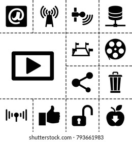 Internet icons. set of 13 editable filled internet icons such as movie tape, open lock, transmitter, locations, thumb up, share, server, signal, at email, play, trash bin