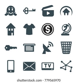Internet icons. set of 16 editable filled internet icons such as t-shirt, key, mail, connection, phone, home, satellite, play, tv, globe, trash bin, money, document
