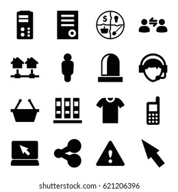Internet icons set. set of 16 internet filled icons such as phone, document, operator, siren, warning, t-shirt, user communicatrion, pointer, marketing, binder, share