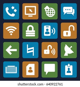 Internet icons set. set of 16 internet filled icons such as business center building, call, lock, satellite, chat, pause, clipboard, global home, opened security lock, wi-fi