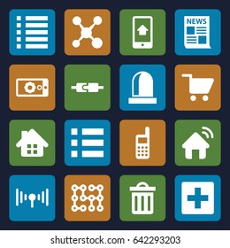 Internet icons set. set of 16 internet filled icons such as menu, delete trash bin, phone, gear on display, home on phone display, signal, siren, shopping cart, house signal
