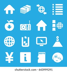 Internet icons set. set of 16 internet filled icons such as trash bin, house building, emo emot, qround the globe, radio, menu, home, memory card, display pointer, dollar