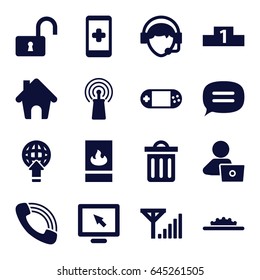 Internet icons set. set of 16 internet filled icons such as man with laptop, opened lock, signal, portable console, call, operator, delete trash bin, chat, camera wheel, home