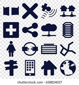 Internet icons set. set of 16 internet filled icons such as globe, business center building, satellite, cancel, home, gate, calendar on phone, electric circuit, share