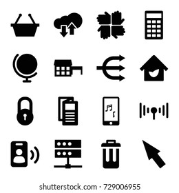 Internet icons set. set of 16 internet filled icons such as lock, news, mobile phone music, calculator, bin, signal, eco house, call, download upload cloud, pointer, structure