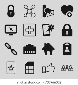 Internet icons set. set of 16 internet filled and outline icons such as lock, add favorite, volume, chain, home, memory card, resume, display pointer, poker on phone, thumb up