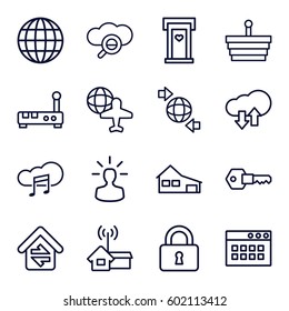 internet icons set. Set of 16 internet outline icons such as door with heart, house, globe and plane, ground the globe, lock, music cloud, home connection, key, home signal